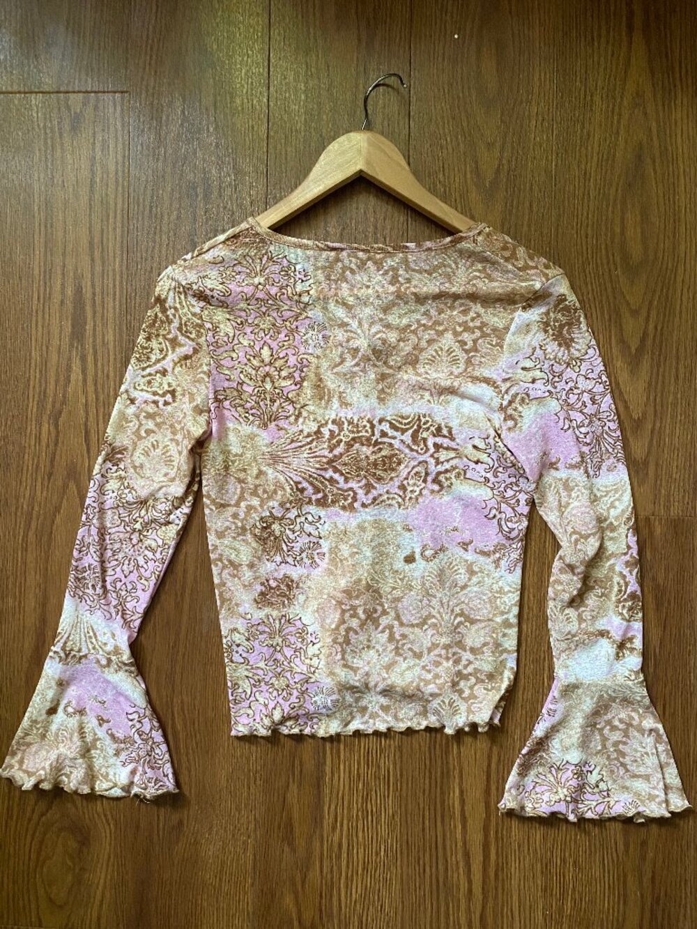 Vintage Y2K Pink Brown Paisley Bell Sleeve Lettuce Hem Top - XS - Picture 2 of 11